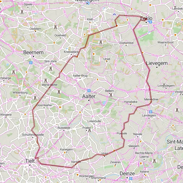 Map miniature of "Scenic Gravel Adventure" cycling inspiration in Prov. Oost-Vlaanderen, Belgium. Generated by Tarmacs.app cycling route planner