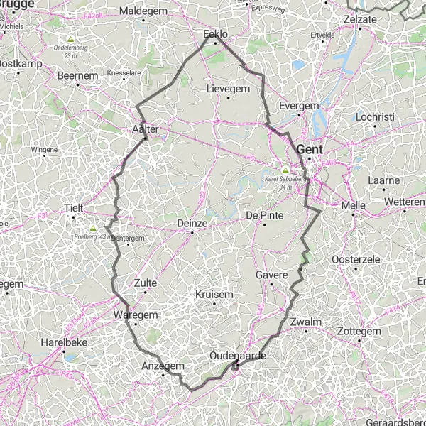 Map miniature of "Waarschoot and Beyond" cycling inspiration in Prov. Oost-Vlaanderen, Belgium. Generated by Tarmacs.app cycling route planner