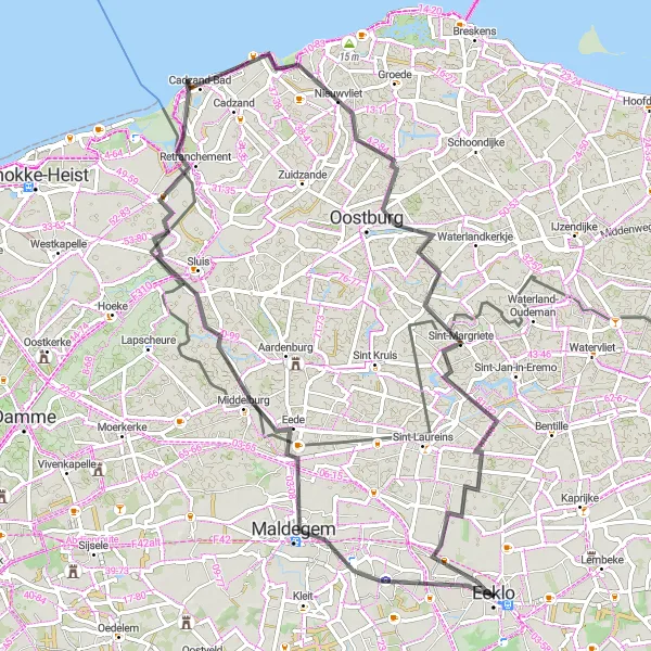 Miniatuurkaart van de fietsinspiratie "Fietsen door Maldegem en omgeving" in Prov. Oost-Vlaanderen, Belgium. Gemaakt door de Tarmacs.app fietsrouteplanner