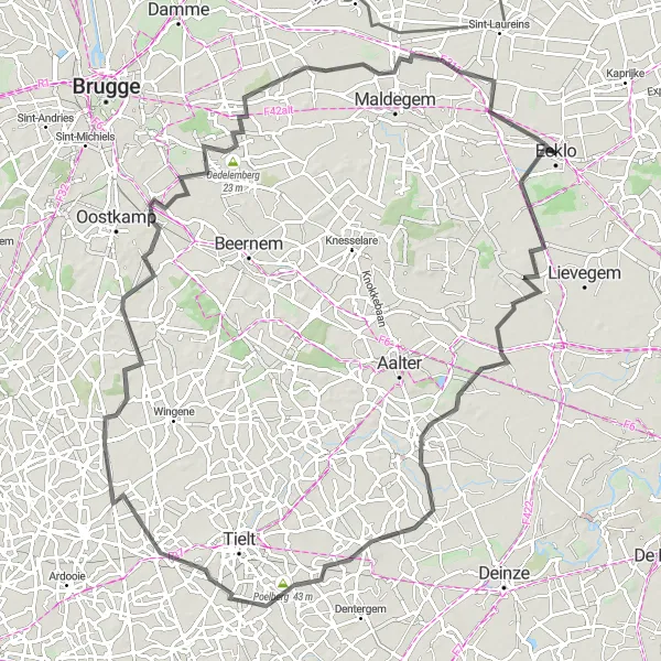 Karten-Miniaturansicht der Radinspiration "Scenic Tour von Eeklo nach Balgerhoeke über Zomergem, Aarsele, Pittem und Oedelemberg" in Prov. Oost-Vlaanderen, Belgium. Erstellt vom Tarmacs.app-Routenplaner für Radtouren