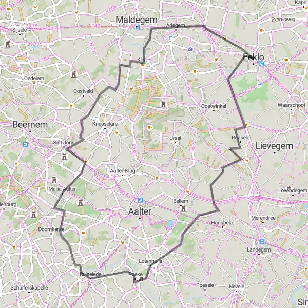 Karten-Miniaturansicht der Radinspiration "Rund um Eeklo über Zomergem, Ruiselede, Sint-Joris und Adegem" in Prov. Oost-Vlaanderen, Belgium. Erstellt vom Tarmacs.app-Routenplaner für Radtouren