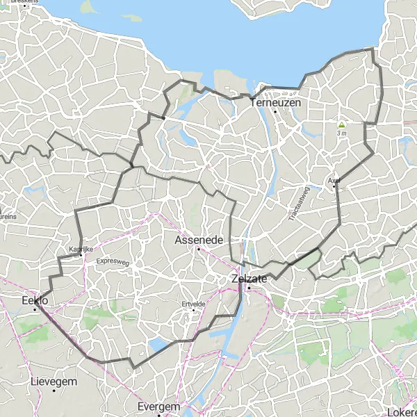 Map miniature of "Exploring Kaprijke to Waarschoot" cycling inspiration in Prov. Oost-Vlaanderen, Belgium. Generated by Tarmacs.app cycling route planner