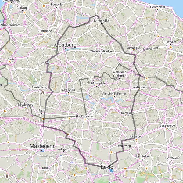 Map miniature of "Exploring Eede and IJzendijke on Road" cycling inspiration in Prov. Oost-Vlaanderen, Belgium. Generated by Tarmacs.app cycling route planner