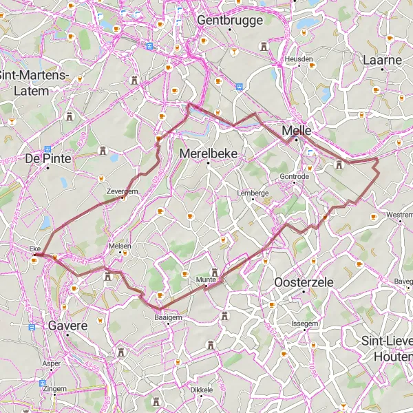 Miniatuurkaart van de fietsinspiratie "Gravelroute van Eke naar Moortsele en Zwijnaarde" in Prov. Oost-Vlaanderen, Belgium. Gemaakt door de Tarmacs.app fietsrouteplanner