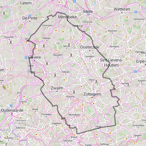 Miniature de la carte de l'inspiration cycliste "Défi des Montagnes Flamandes" dans la Prov. Oost-Vlaanderen, Belgium. Générée par le planificateur d'itinéraire cycliste Tarmacs.app