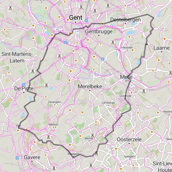 Map miniature of "De Pinte and Beyond" cycling inspiration in Prov. Oost-Vlaanderen, Belgium. Generated by Tarmacs.app cycling route planner