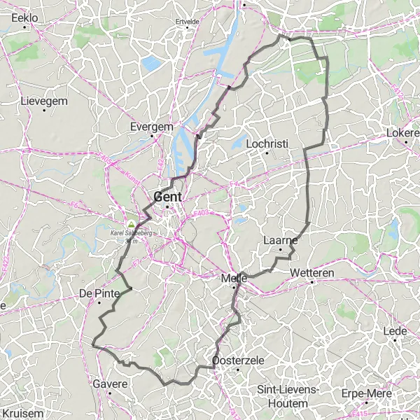 Miniature de la carte de l'inspiration cycliste "Escapade à Travers les Collines" dans la Prov. Oost-Vlaanderen, Belgium. Générée par le planificateur d'itinéraire cycliste Tarmacs.app
