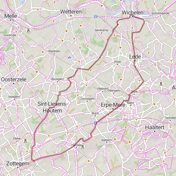 Miniatuurkaart van de fietsinspiratie "Gravelavontuur in Oost-Vlaanderen" in Prov. Oost-Vlaanderen, Belgium. Gemaakt door de Tarmacs.app fietsrouteplanner