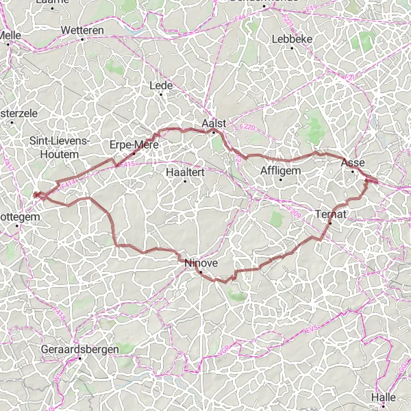Map miniature of "Burst to Woubrechtegem Gravel Cycling Route" cycling inspiration in Prov. Oost-Vlaanderen, Belgium. Generated by Tarmacs.app cycling route planner