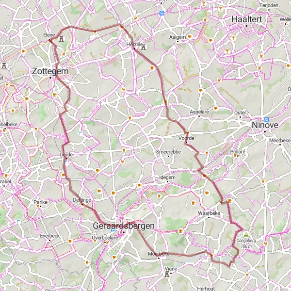 Map miniature of "Woubrechtegem to Godveerdegem Gravel Cycling Route" cycling inspiration in Prov. Oost-Vlaanderen, Belgium. Generated by Tarmacs.app cycling route planner