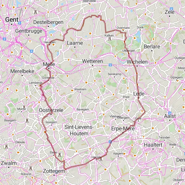 Miniatuurkaart van de fietsinspiratie "Gravelavontuur door het groene hart van Oost-Vlaanderen" in Prov. Oost-Vlaanderen, Belgium. Gemaakt door de Tarmacs.app fietsrouteplanner