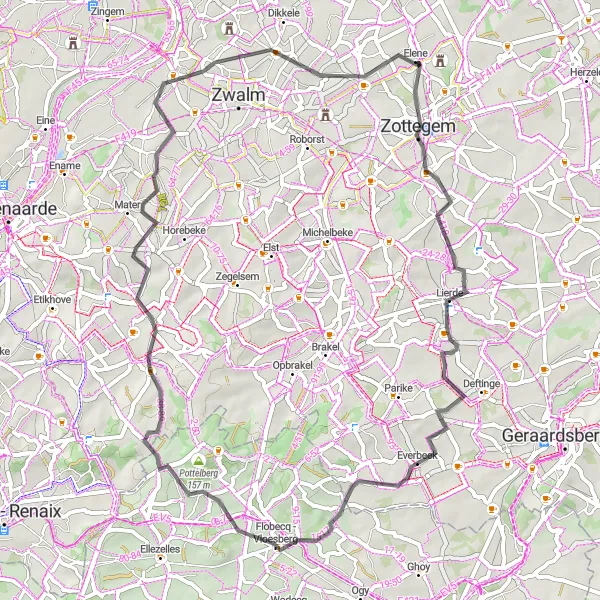 Map miniature of "Egmont Castle to Velzeke-Ruddershove Road Cycling Route" cycling inspiration in Prov. Oost-Vlaanderen, Belgium. Generated by Tarmacs.app cycling route planner