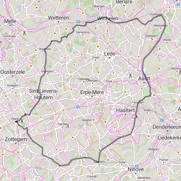 Map miniature of "Countryside Serenity in East Flanders" cycling inspiration in Prov. Oost-Vlaanderen, Belgium. Generated by Tarmacs.app cycling route planner