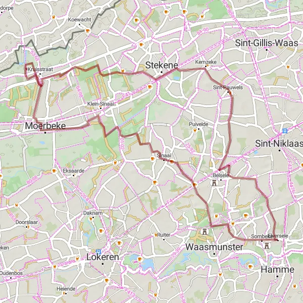 Map miniature of "Gravel Adventure through Sinaai, Kasteel De Smet, Kemzeke, and Belsele" cycling inspiration in Prov. Oost-Vlaanderen, Belgium. Generated by Tarmacs.app cycling route planner