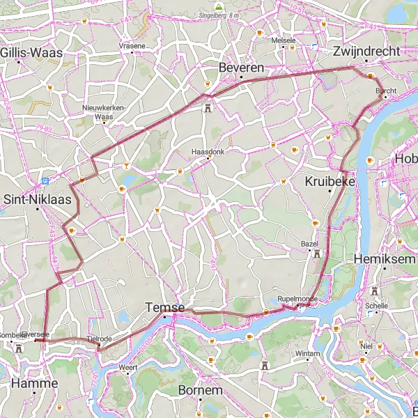 Map miniature of "Picturesque Gravel Route through Nieuwkerken-Waas, Kasteel Altena, and Tielrode" cycling inspiration in Prov. Oost-Vlaanderen, Belgium. Generated by Tarmacs.app cycling route planner