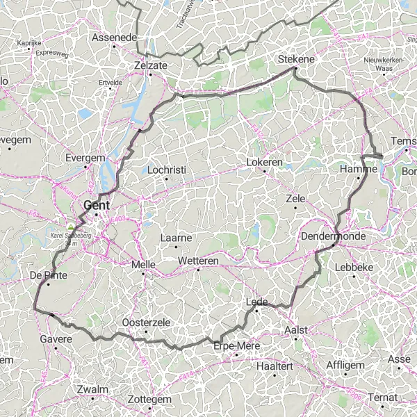 Miniature de la carte de l'inspiration cycliste "Les Collines de l'Est" dans la Prov. Oost-Vlaanderen, Belgium. Générée par le planificateur d'itinéraire cycliste Tarmacs.app