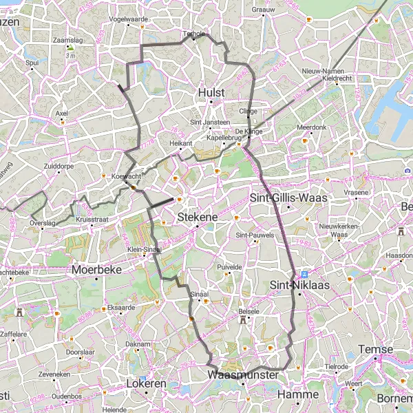 Map miniature of "Scenic Road Cycling Tour through Waasmunster, Koewacht, and Sombeke" cycling inspiration in Prov. Oost-Vlaanderen, Belgium. Generated by Tarmacs.app cycling route planner