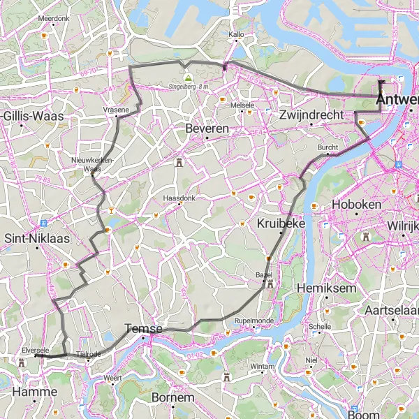 Map miniature of "The Singelberg Circuit" cycling inspiration in Prov. Oost-Vlaanderen, Belgium. Generated by Tarmacs.app cycling route planner