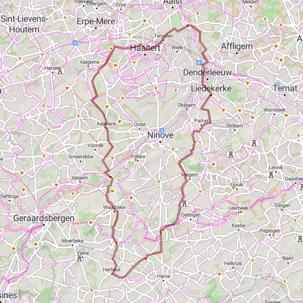 Miniatuurkaart van de fietsinspiratie "Gravelroute rond Pamel en Haaltert" in Prov. Oost-Vlaanderen, Belgium. Gemaakt door de Tarmacs.app fietsrouteplanner