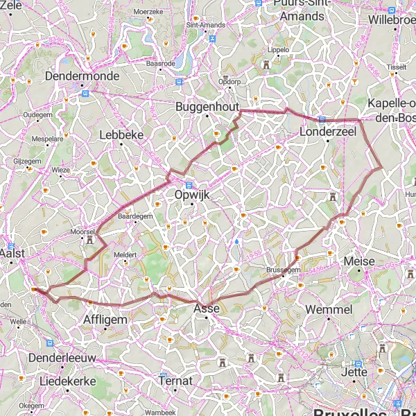 Map miniature of "Scenic Gravel Trail in Moorsel" cycling inspiration in Prov. Oost-Vlaanderen, Belgium. Generated by Tarmacs.app cycling route planner