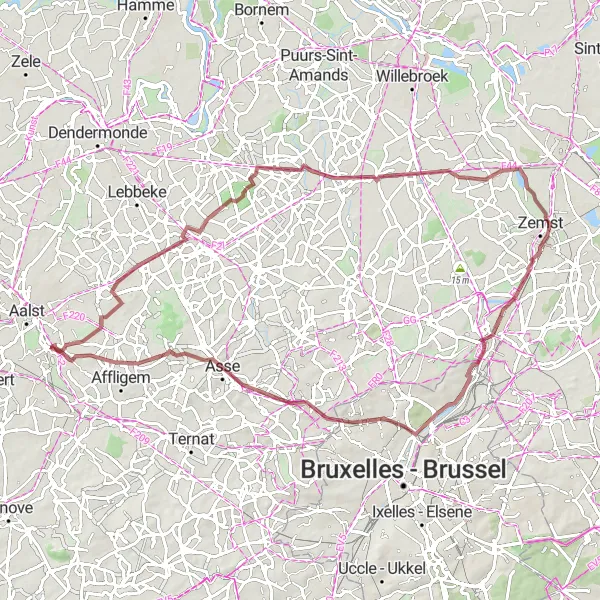 Miniatuurkaart van de fietsinspiratie "Avontuurlijke gravelroute naar Walfergem" in Prov. Oost-Vlaanderen, Belgium. Gemaakt door de Tarmacs.app fietsrouteplanner