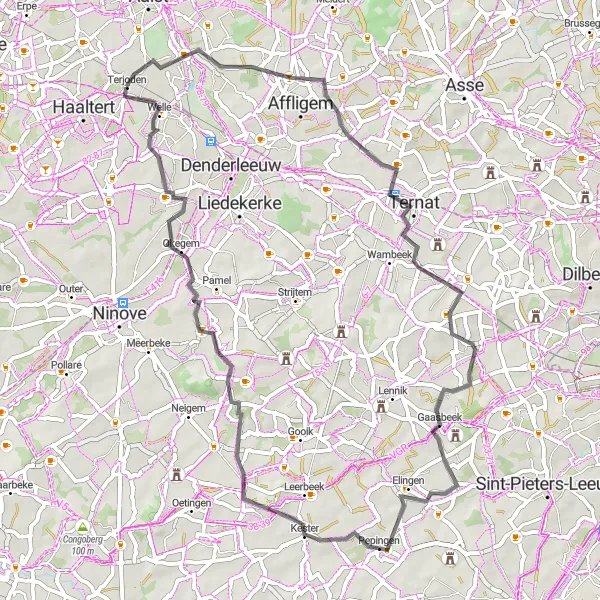 Karten-Miniaturansicht der Radinspiration "Road Tour durch Erembodegem, Essene und mehr" in Prov. Oost-Vlaanderen, Belgium. Erstellt vom Tarmacs.app-Routenplaner für Radtouren