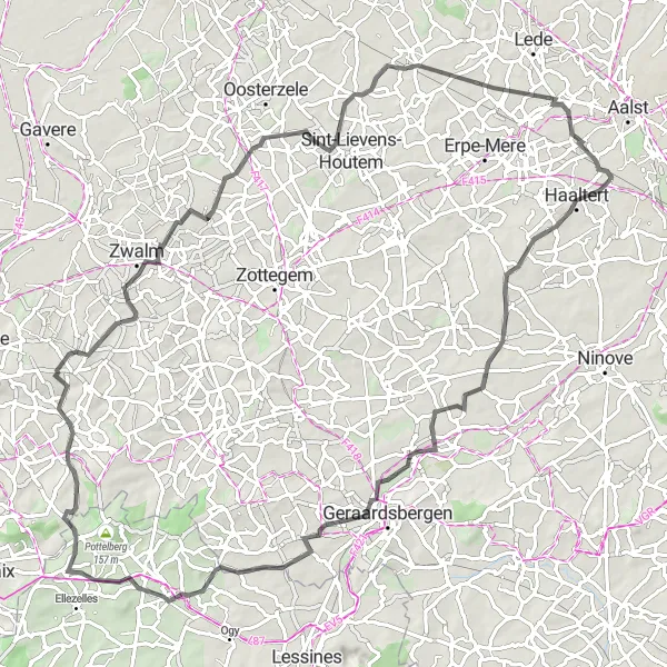 Map miniature of "The Geraardsbergen Challenge" cycling inspiration in Prov. Oost-Vlaanderen, Belgium. Generated by Tarmacs.app cycling route planner