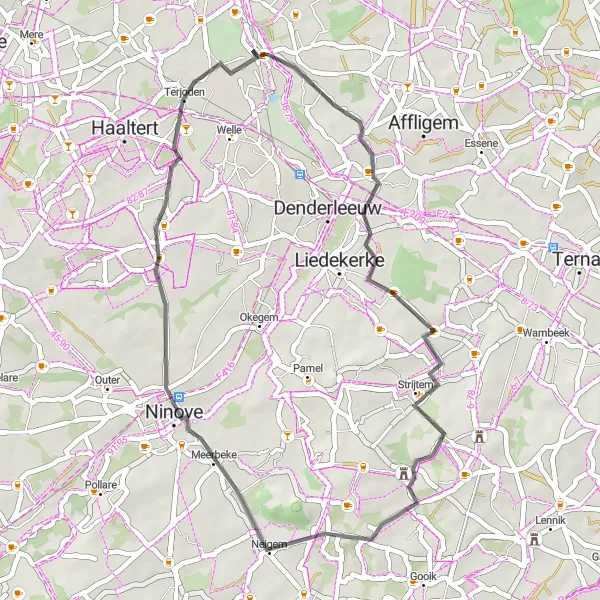 Miniatuurkaart van de fietsinspiratie "Rustige fietsroute door Teralfene en Denderhoutem" in Prov. Oost-Vlaanderen, Belgium. Gemaakt door de Tarmacs.app fietsrouteplanner