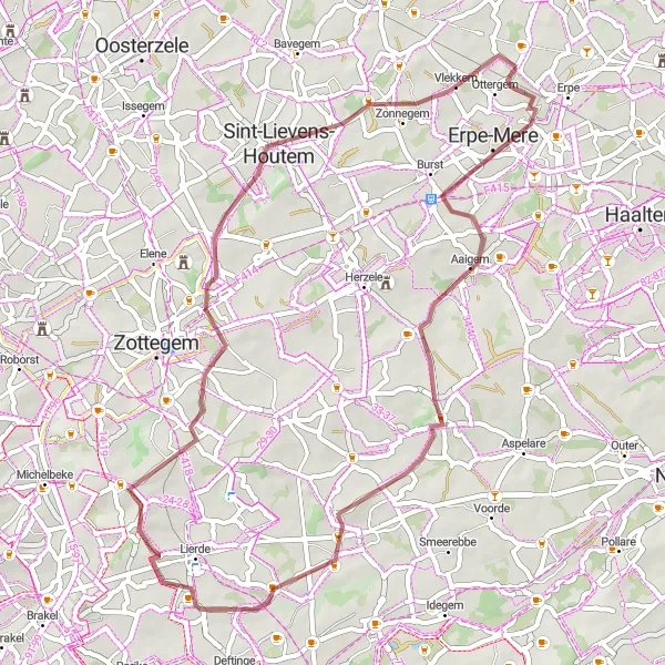 Karten-Miniaturansicht der Radinspiration "Erlebnisvolle Gravel-Tour von Erondegem nach Vlierzele" in Prov. Oost-Vlaanderen, Belgium. Erstellt vom Tarmacs.app-Routenplaner für Radtouren