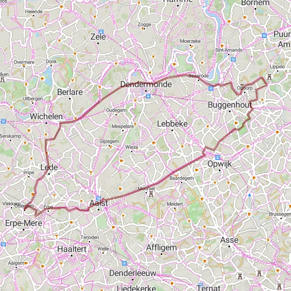 Miniature de la carte de l'inspiration cycliste "Le Tour de Erondegem à Aalst" dans la Prov. Oost-Vlaanderen, Belgium. Générée par le planificateur d'itinéraire cycliste Tarmacs.app