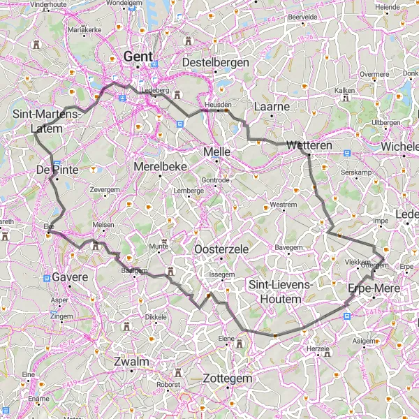 Miniature de la carte de l'inspiration cycliste "Randonnée à travers les collines de l'est de la Belgique" dans la Prov. Oost-Vlaanderen, Belgium. Générée par le planificateur d'itinéraire cycliste Tarmacs.app