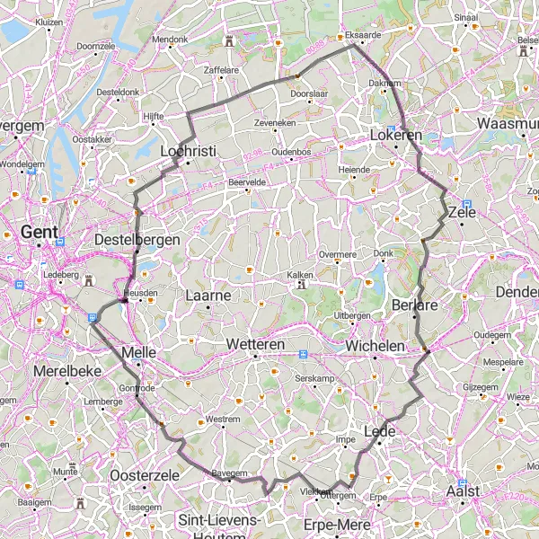 Map miniature of "Gontrode Historical Road Trip" cycling inspiration in Prov. Oost-Vlaanderen, Belgium. Generated by Tarmacs.app cycling route planner