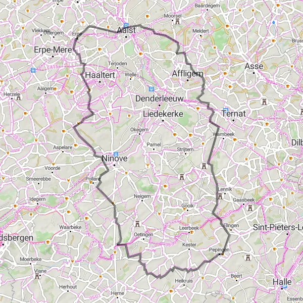 Karten-Miniaturansicht der Radinspiration "Abenteuerlicher Radweg von Essene nach Mere" in Prov. Oost-Vlaanderen, Belgium. Erstellt vom Tarmacs.app-Routenplaner für Radtouren