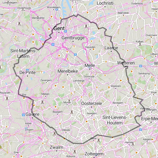 Miniature de la carte de l'inspiration cycliste "Tour des collines flamandes" dans la Prov. Oost-Vlaanderen, Belgium. Générée par le planificateur d'itinéraire cycliste Tarmacs.app