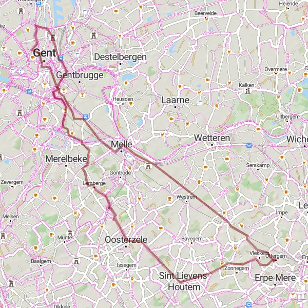 Miniatuurkaart van de fietsinspiratie "Rustige gravelwegen rond Melle" in Prov. Oost-Vlaanderen, Belgium. Gemaakt door de Tarmacs.app fietsrouteplanner