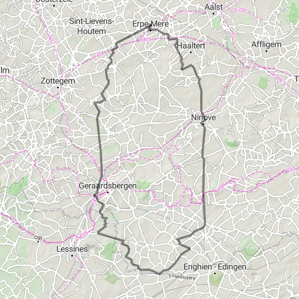 Miniature de la carte de l'inspiration cycliste "Parcours routier vers Nederboelare" dans la Prov. Oost-Vlaanderen, Belgium. Générée par le planificateur d'itinéraire cycliste Tarmacs.app
