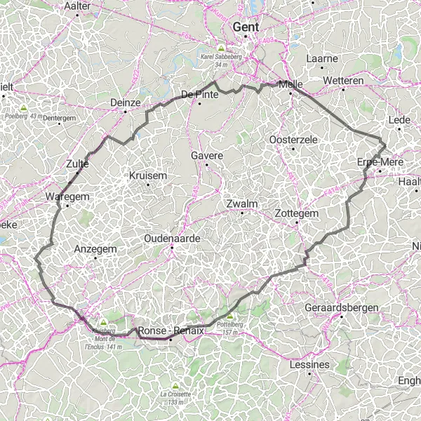 Miniature de la carte de l'inspiration cycliste "Parcours des Monts de Flandre" dans la Prov. Oost-Vlaanderen, Belgium. Générée par le planificateur d'itinéraire cycliste Tarmacs.app