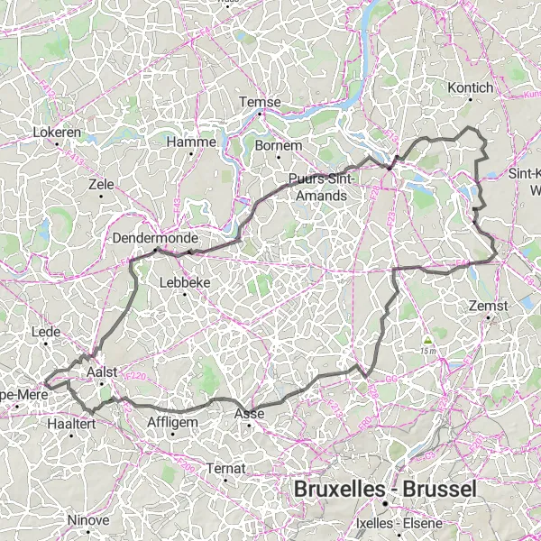 Karten-Miniaturansicht der Radinspiration "Große 110 km Rundtour durch die flämische Landschaft" in Prov. Oost-Vlaanderen, Belgium. Erstellt vom Tarmacs.app-Routenplaner für Radtouren