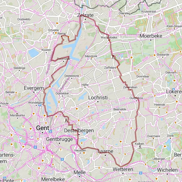 Miniature de la carte de l'inspiration cycliste "Randonnée gravel à travers la nature flamande" dans la Prov. Oost-Vlaanderen, Belgium. Générée par le planificateur d'itinéraire cycliste Tarmacs.app