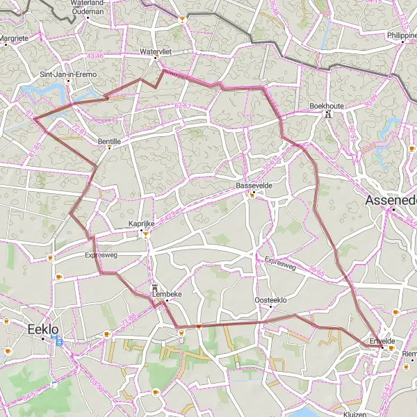 Miniature de la carte de l'inspiration cycliste "Itinéraire Ertvelde - Watervliet" dans la Prov. Oost-Vlaanderen, Belgium. Générée par le planificateur d'itinéraire cycliste Tarmacs.app