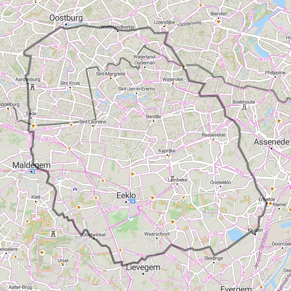 Miniatuurkaart van de fietsinspiratie "Rondrit door de Groene Vallei" in Prov. Oost-Vlaanderen, Belgium. Gemaakt door de Tarmacs.app fietsrouteplanner