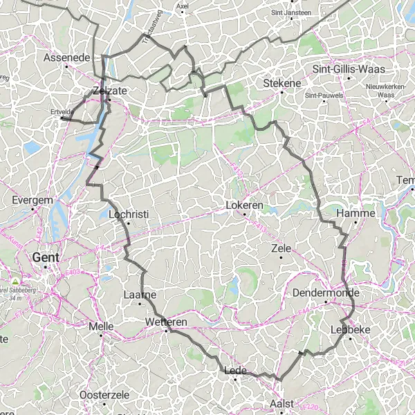 Karten-Miniaturansicht der Radinspiration "Radroute durch Oost-Vlaanderen" in Prov. Oost-Vlaanderen, Belgium. Erstellt vom Tarmacs.app-Routenplaner für Radtouren