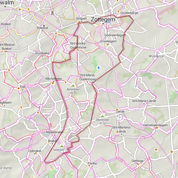 Miniature de la carte de l'inspiration cycliste "La route bucolique de Grotenberge" dans la Prov. Oost-Vlaanderen, Belgium. Générée par le planificateur d'itinéraire cycliste Tarmacs.app
