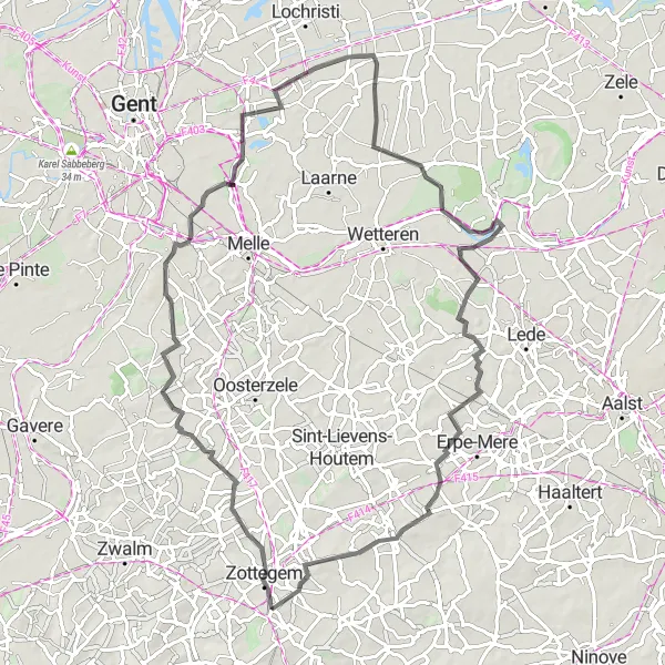 Miniatuurkaart van de fietsinspiratie "76 km lange wegfietsroute Erwetegem-Munte-Beervelde-Vlekkem-Herzele" in Prov. Oost-Vlaanderen, Belgium. Gemaakt door de Tarmacs.app fietsrouteplanner
