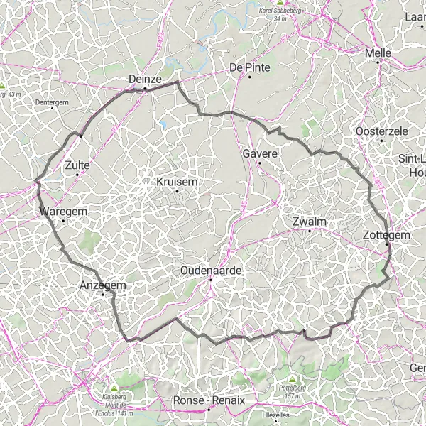 Map miniature of "Erwetegem Grand Tour" cycling inspiration in Prov. Oost-Vlaanderen, Belgium. Generated by Tarmacs.app cycling route planner
