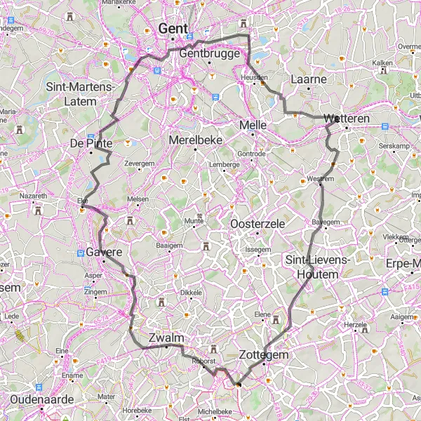 Miniatuurkaart van de fietsinspiratie "75 km lange wegfietsroute Erwetegem-Roborst-Karel Sabbeberg-Kasteel van Egmont" in Prov. Oost-Vlaanderen, Belgium. Gemaakt door de Tarmacs.app fietsrouteplanner