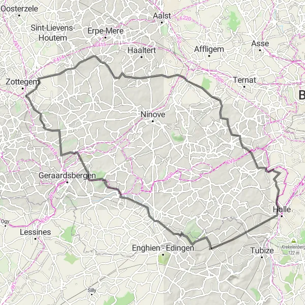Miniatuurkaart van de fietsinspiratie "91 km lange wegfietsroute Erwetegem-Hondzocht-Tollembeek-Bosberg" in Prov. Oost-Vlaanderen, Belgium. Gemaakt door de Tarmacs.app fietsrouteplanner