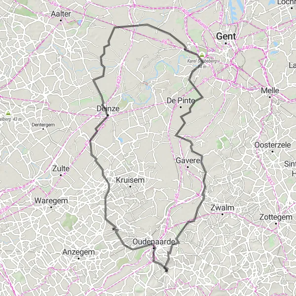 Miniatuurkaart van de fietsinspiratie "Wegroute door Oudenaarde en Deinze" in Prov. Oost-Vlaanderen, Belgium. Gemaakt door de Tarmacs.app fietsrouteplanner