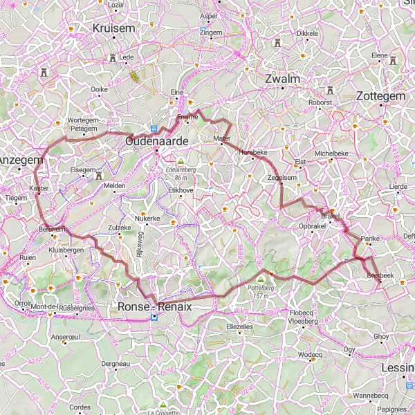 Miniatuurkaart van de fietsinspiratie "Gravelparcours door de heuvels van Oost-Vlaanderen" in Prov. Oost-Vlaanderen, Belgium. Gemaakt door de Tarmacs.app fietsrouteplanner