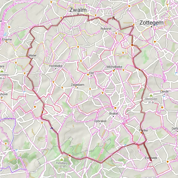 Map miniature of "Everbeek to Everbeek - Gravel Cycling Route" cycling inspiration in Prov. Oost-Vlaanderen, Belgium. Generated by Tarmacs.app cycling route planner